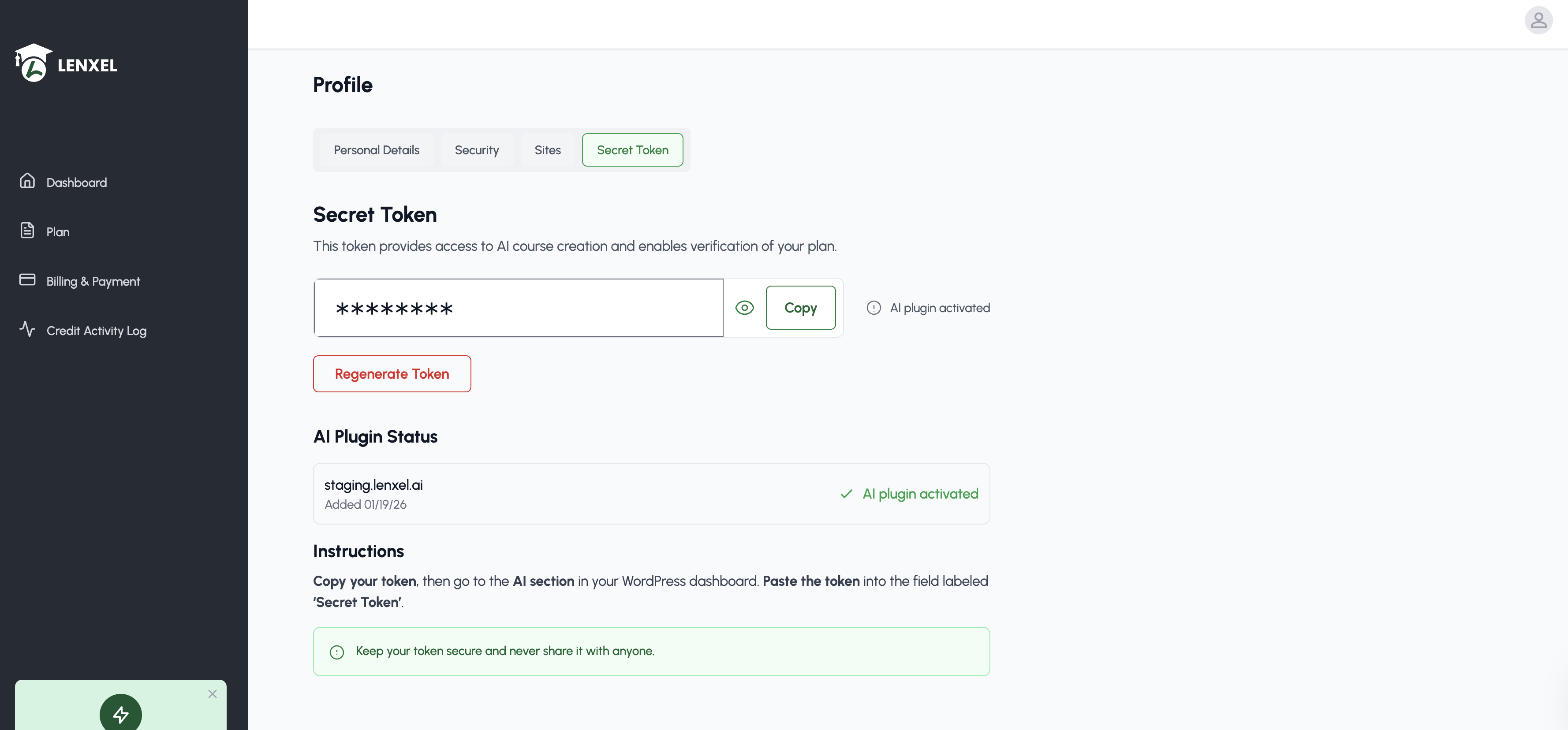 Regenerate Token Option