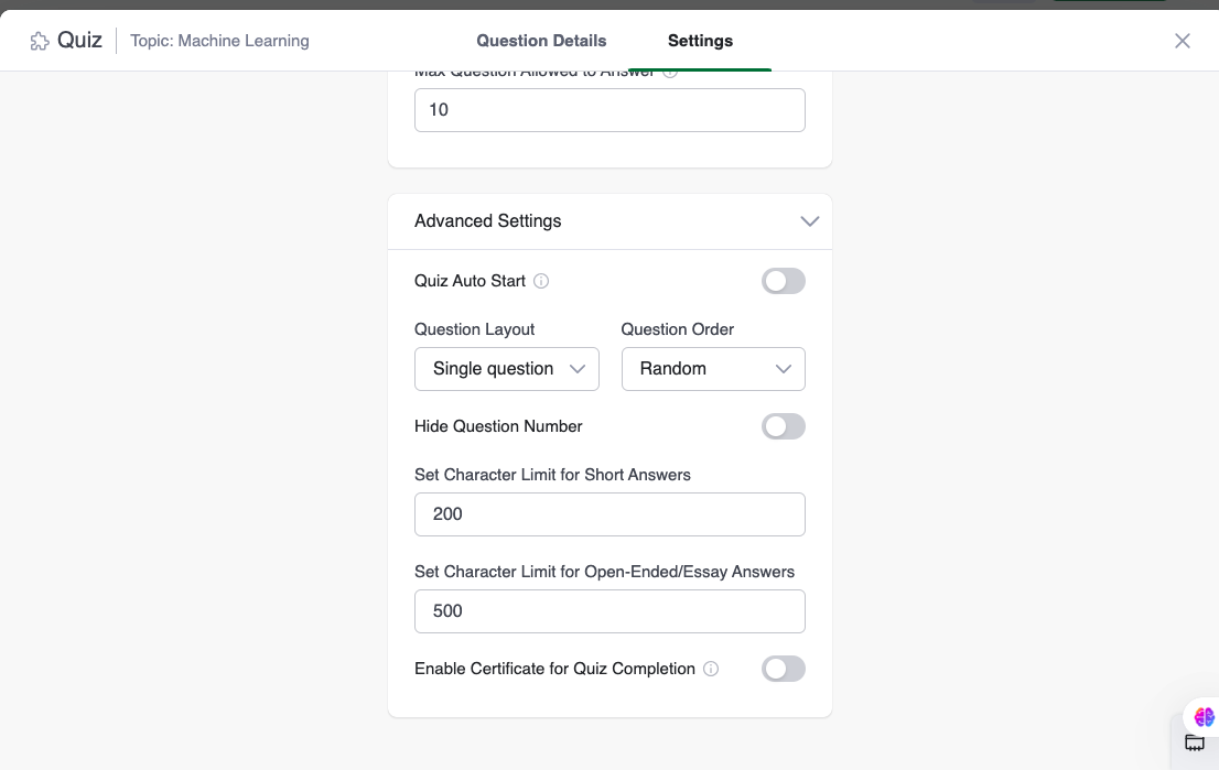 Quiz Certificate Settings